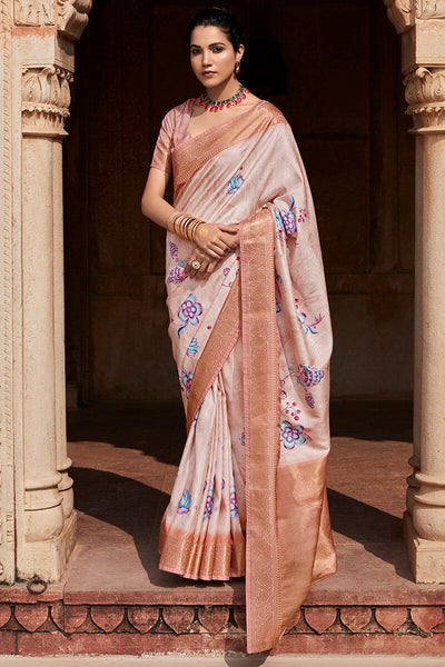 Comely Beige Digital Printed Soft Silk Saree With Dulcet Blouse Piece
