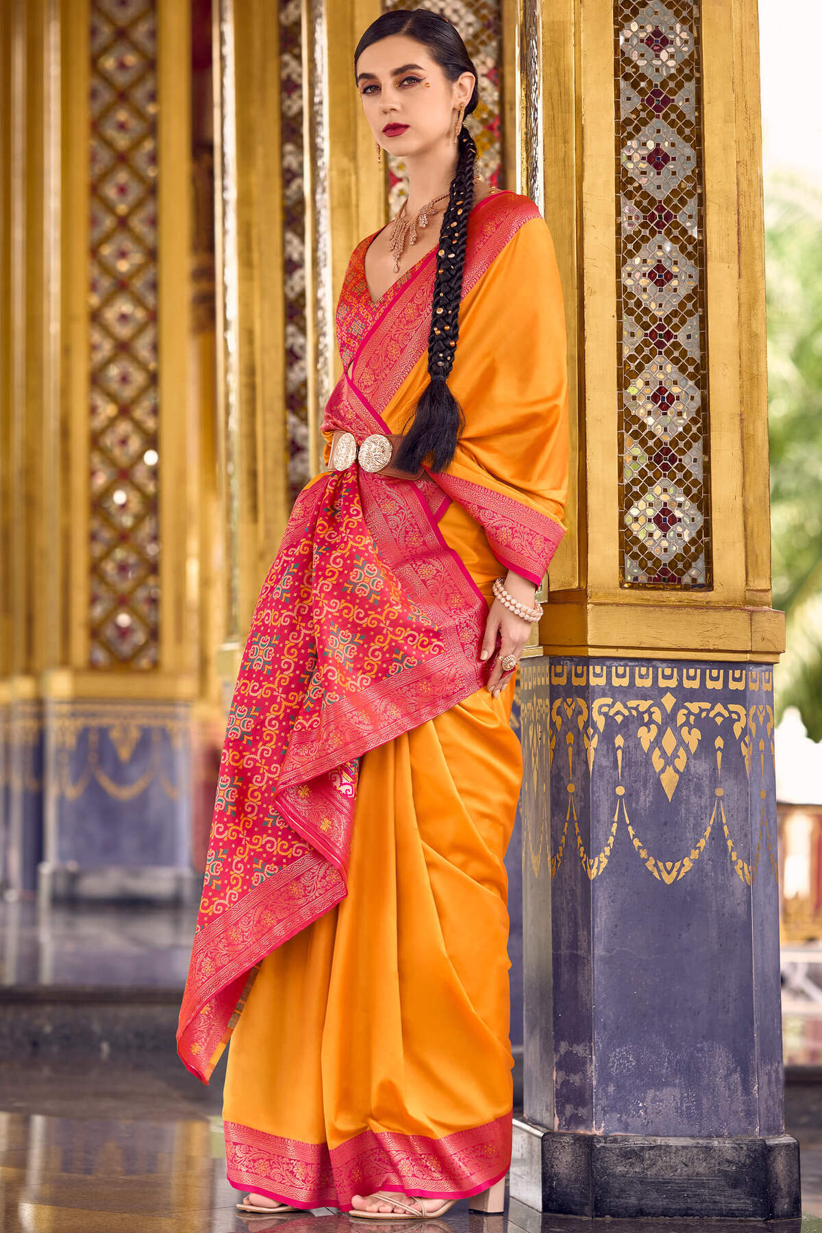 Gleaming Orange Soft Banarasi Silk Saree With Redolent Blouse Piece
