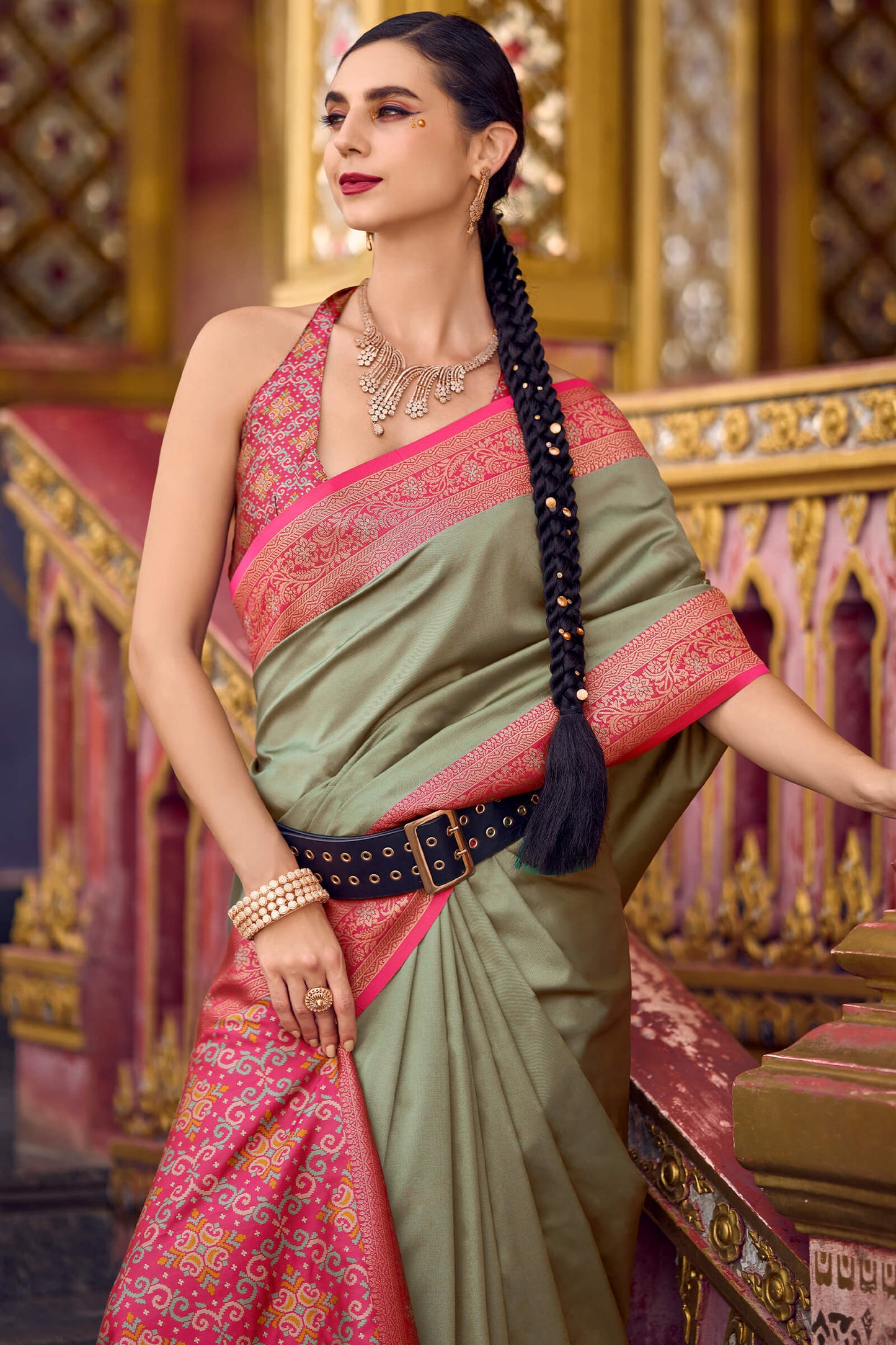 Embrocation Dark Beige Soft Banarasi Silk Saree With Majestic Blouse Piece