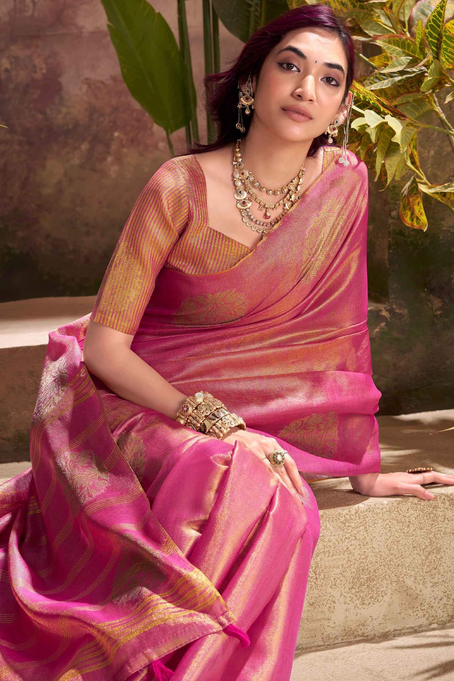 Bucolic Pink Soft Banarasi Tissue Silk Saree With Opulent Blouse Piece