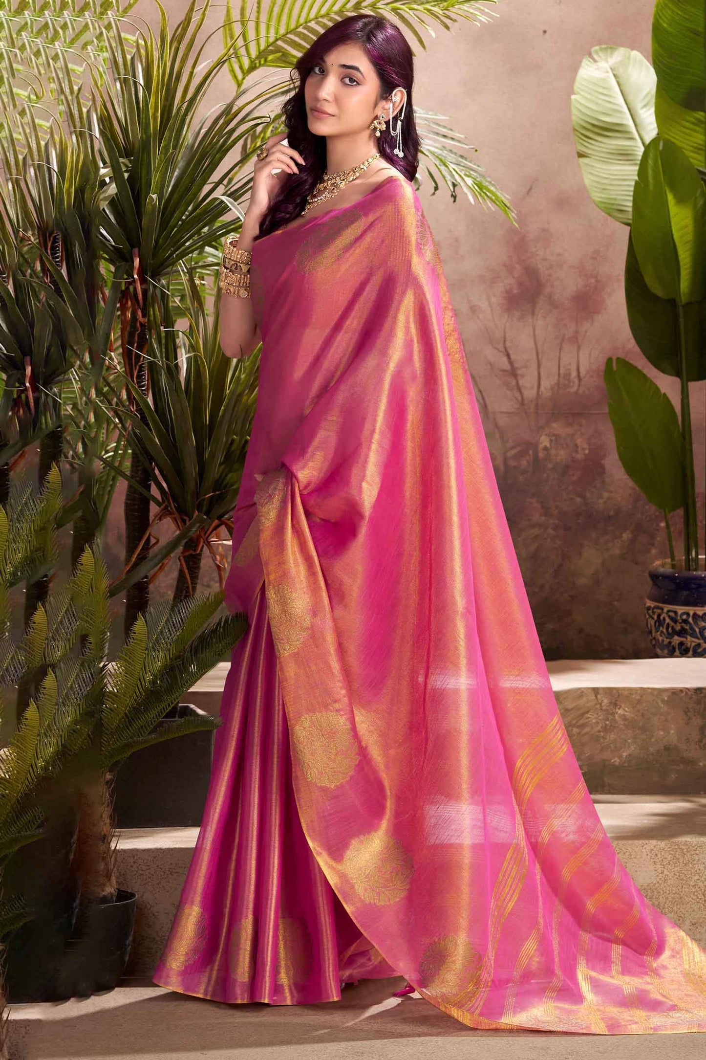 Bucolic Pink Soft Banarasi Tissue Silk Saree With Opulent Blouse Piece