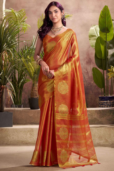 Engaging Orange Soft Banarasi Tissue Silk Saree With Ratatouille Blouse Piece
