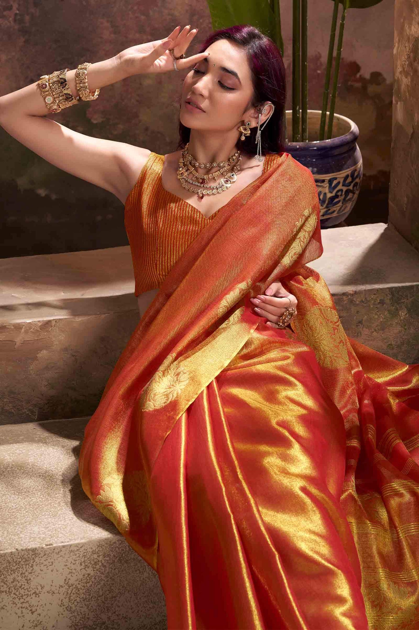 Engaging Orange Soft Banarasi Tissue Silk Saree With Ratatouille Blouse Piece