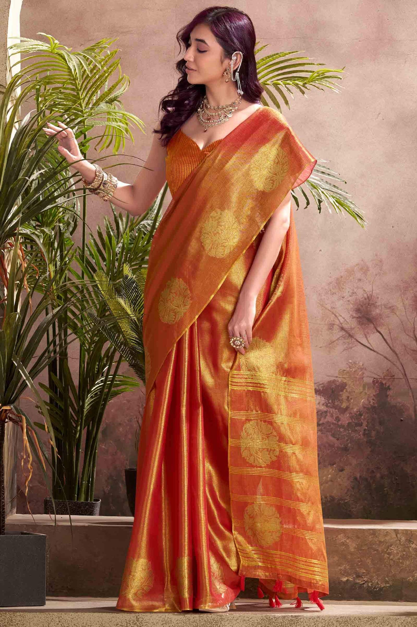 Engaging Orange Soft Banarasi Tissue Silk Saree With Ratatouille Blouse Piece
