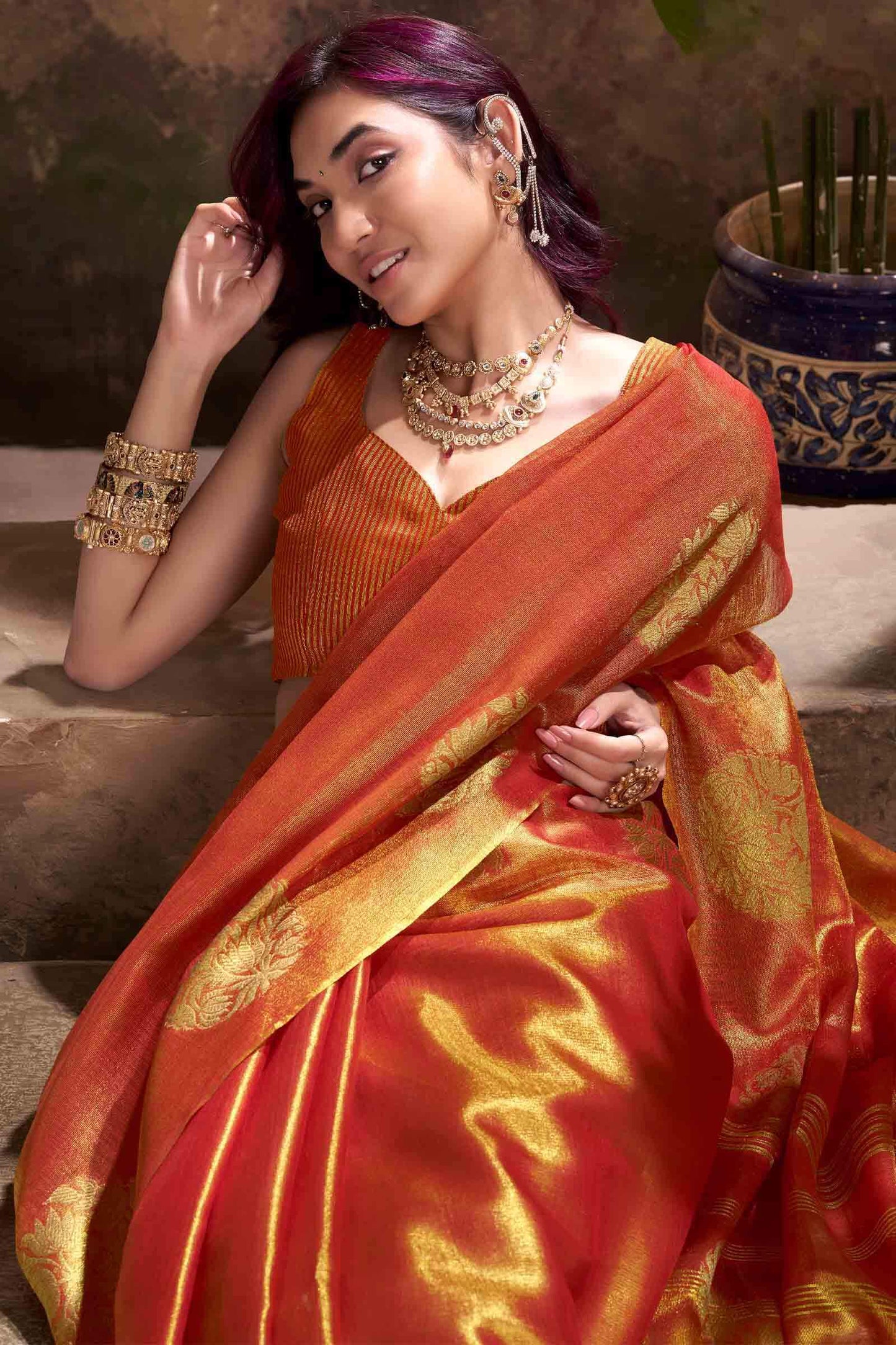 Engaging Orange Soft Banarasi Tissue Silk Saree With Ratatouille Blouse Piece