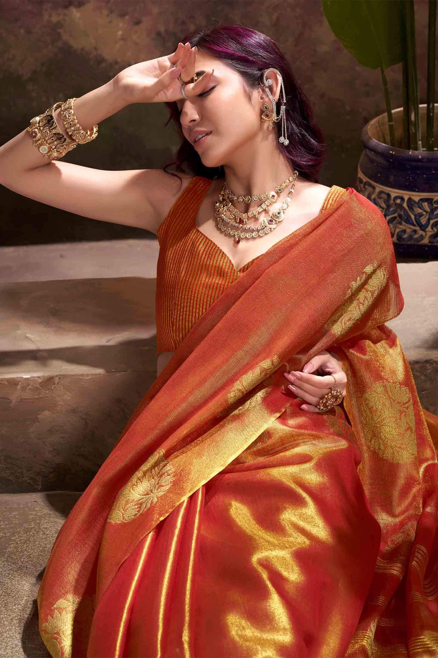 Engaging Orange Soft Banarasi Tissue Silk Saree With Ratatouille Blouse Piece