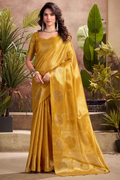 Exquisite Mustard Soft Banarasi Tissue Silk Saree With Panoply Blouse Piece