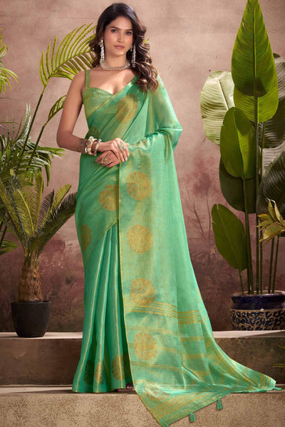 Classic Turquoise Soft Banarasi Tissue Silk Saree With Flameboyant Blouse Piece