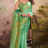 Classic Turquoise Soft Banarasi Tissue Silk Saree With Flameboyant Blouse Piece