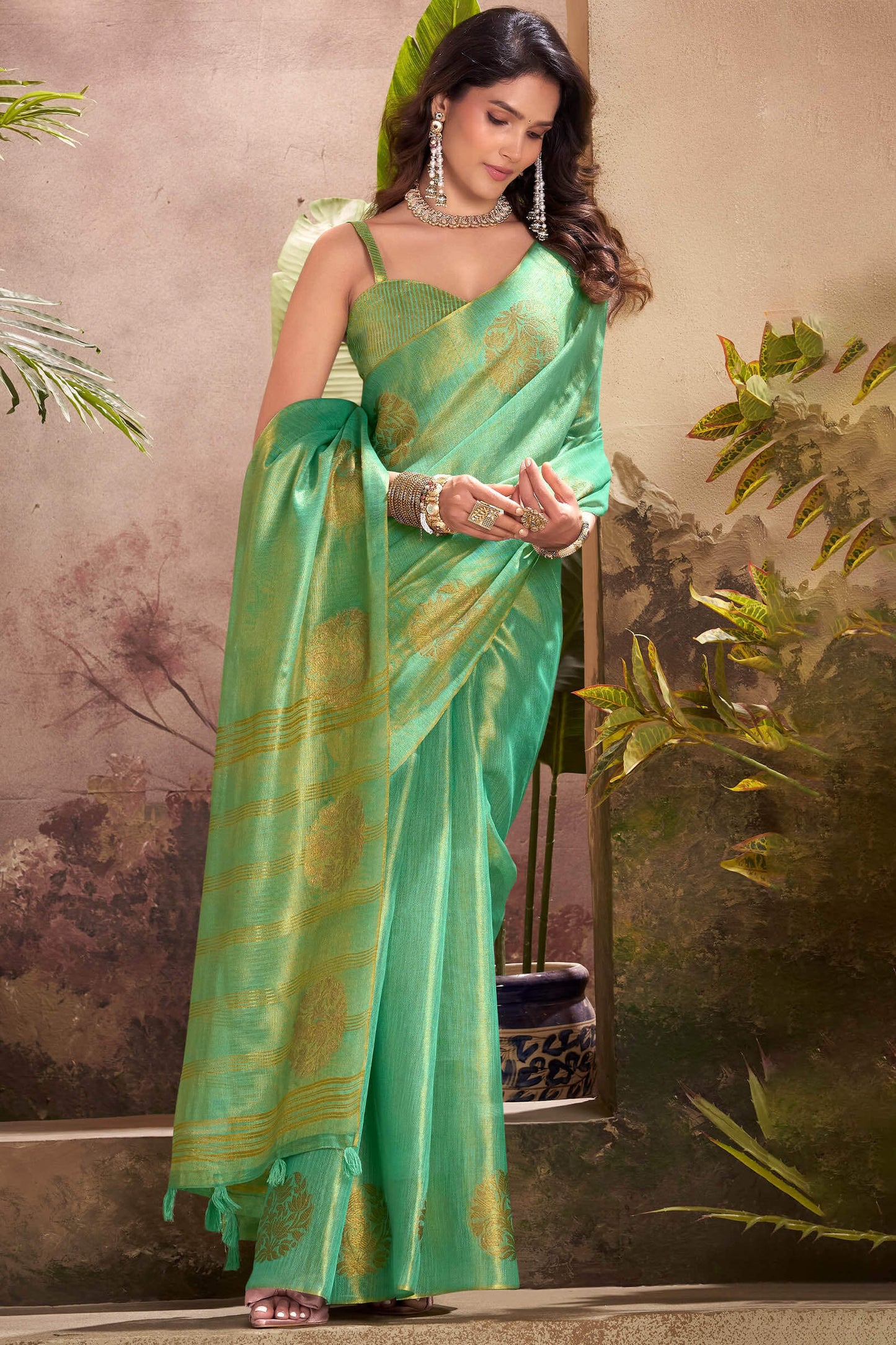 Classic Turquoise Soft Banarasi Tissue Silk Saree With Flameboyant Blouse Piece