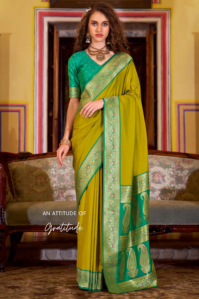 Quintessential Mustard Soft Banarasi Silk Saree With Lagniappe Blouse Piece