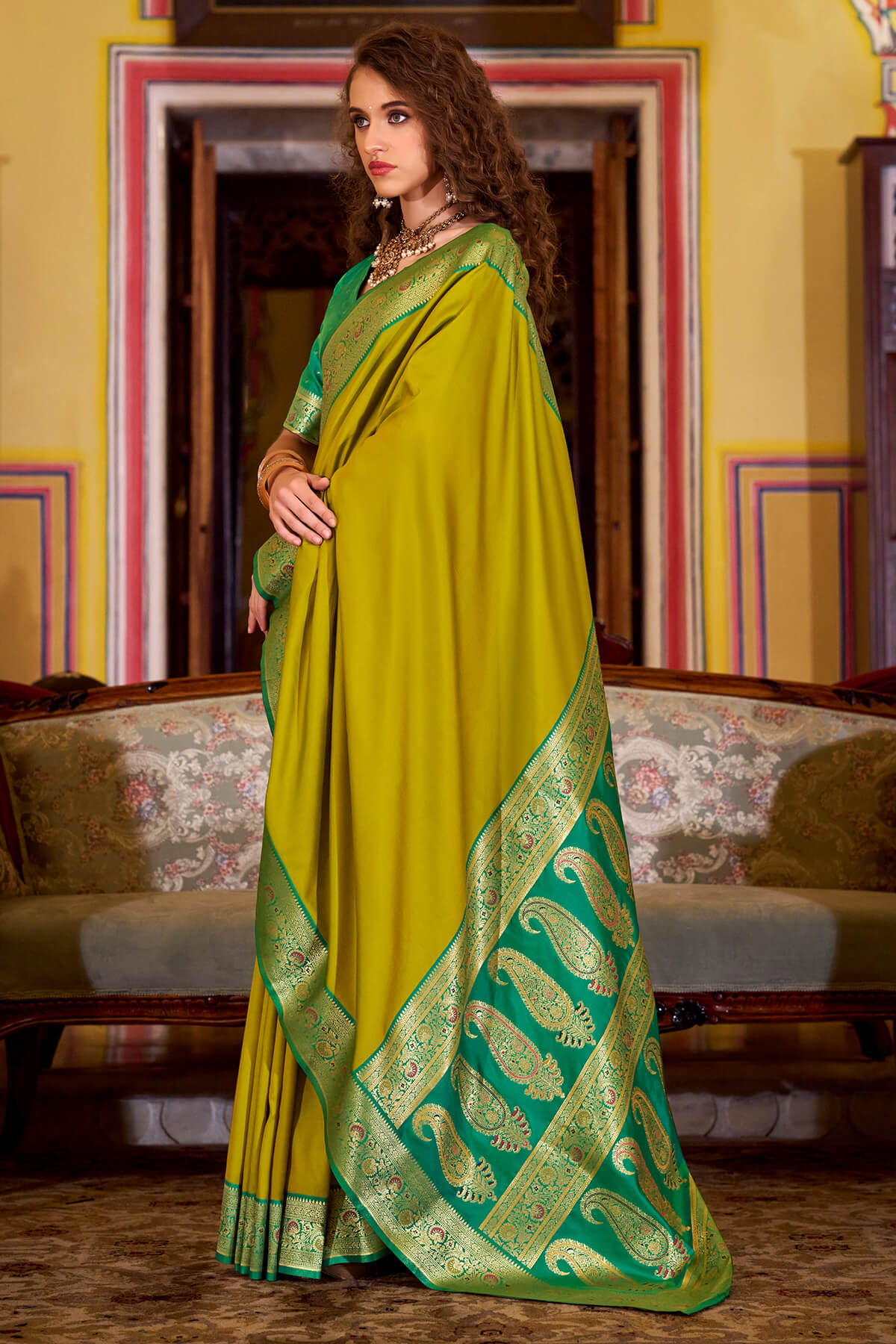 Quintessential Mustard Soft Banarasi Silk Saree With Lagniappe Blouse Piece