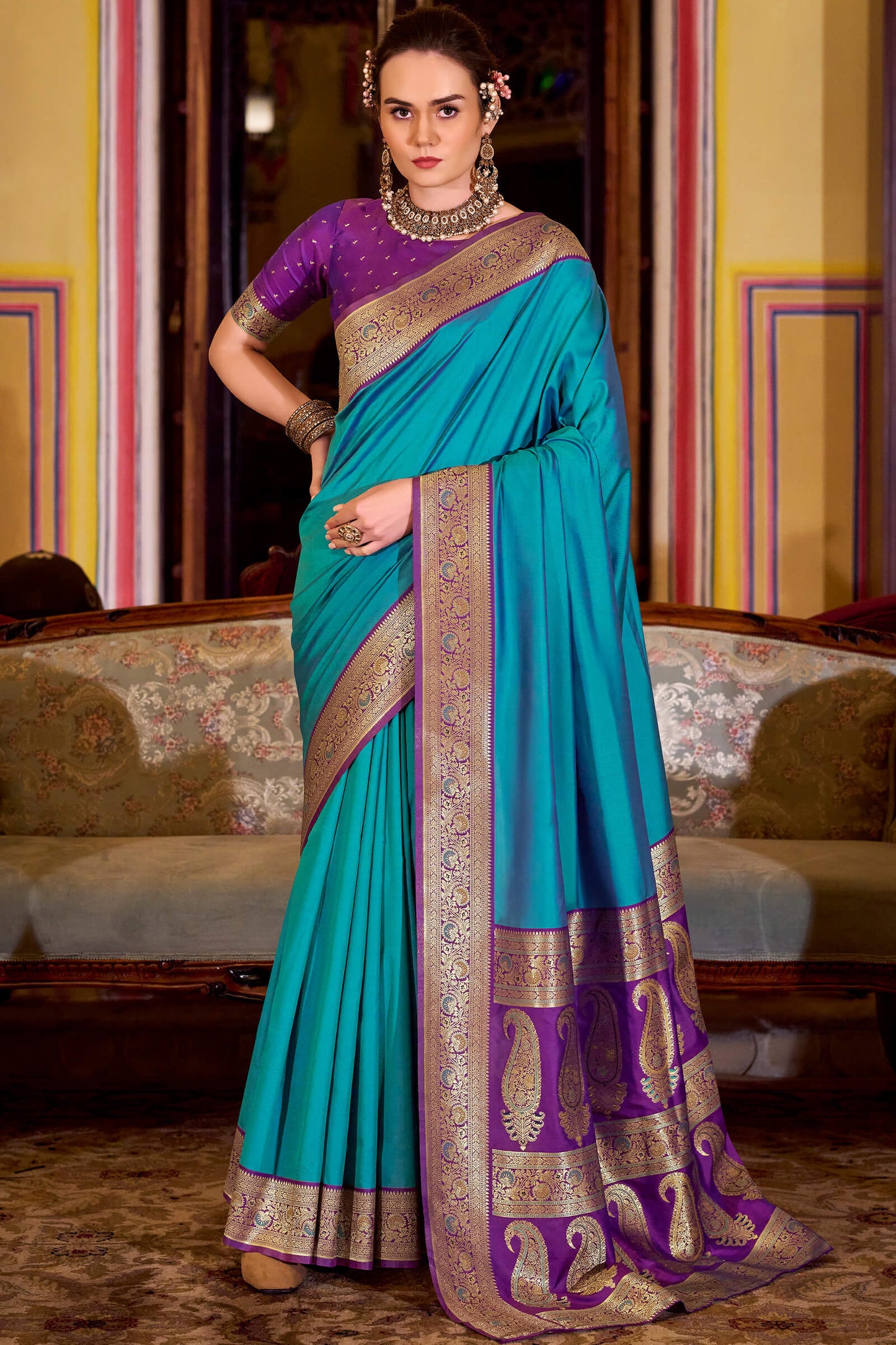 Intricate Firozi Soft Banarasi Silk Saree With Fairytale Blouse Piece
