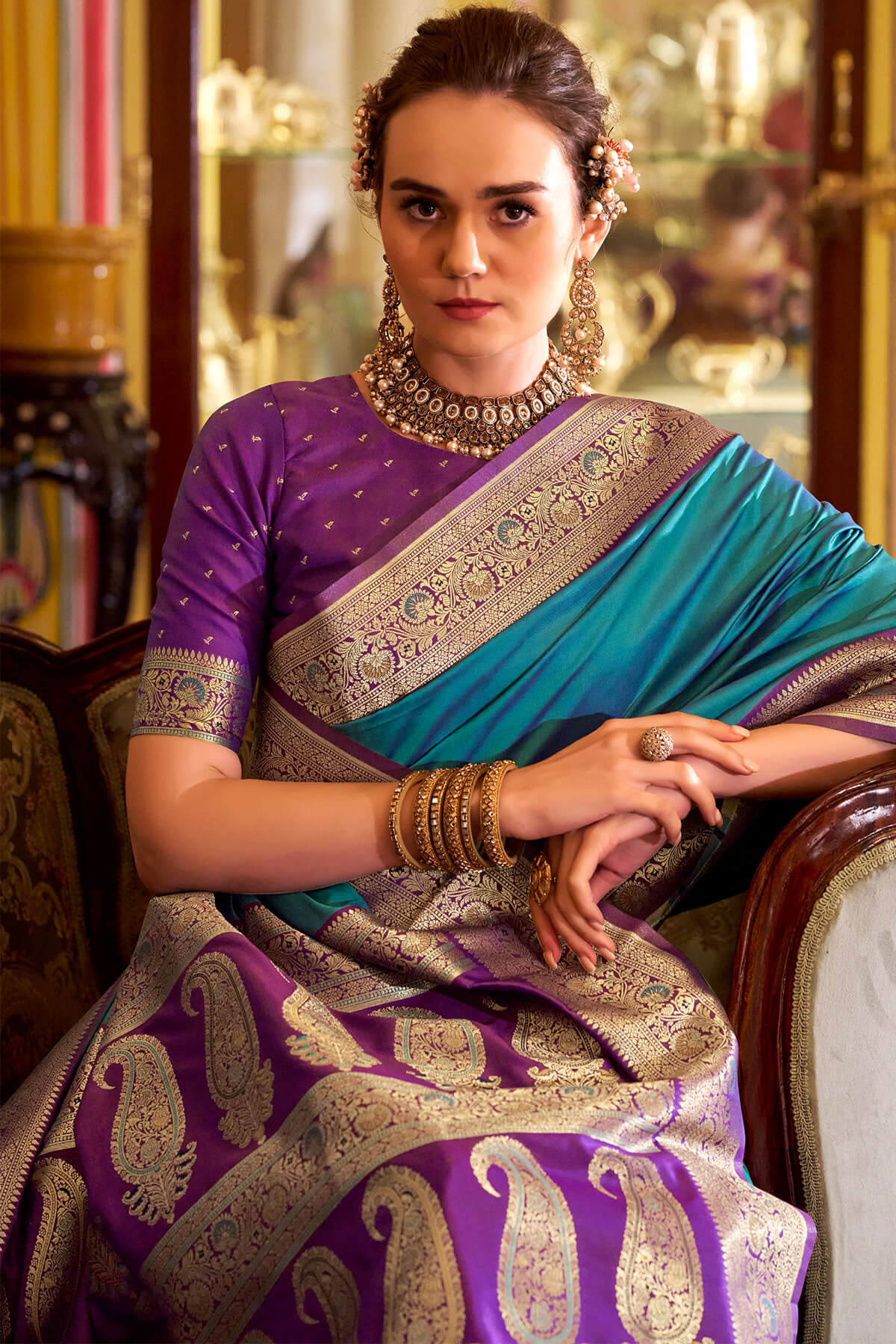 Intricate Firozi Soft Banarasi Silk Saree With Fairytale Blouse Piece