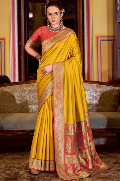 Phenomenal Yellow Soft Banarasi Silk Saree With Designer Blouse Piece