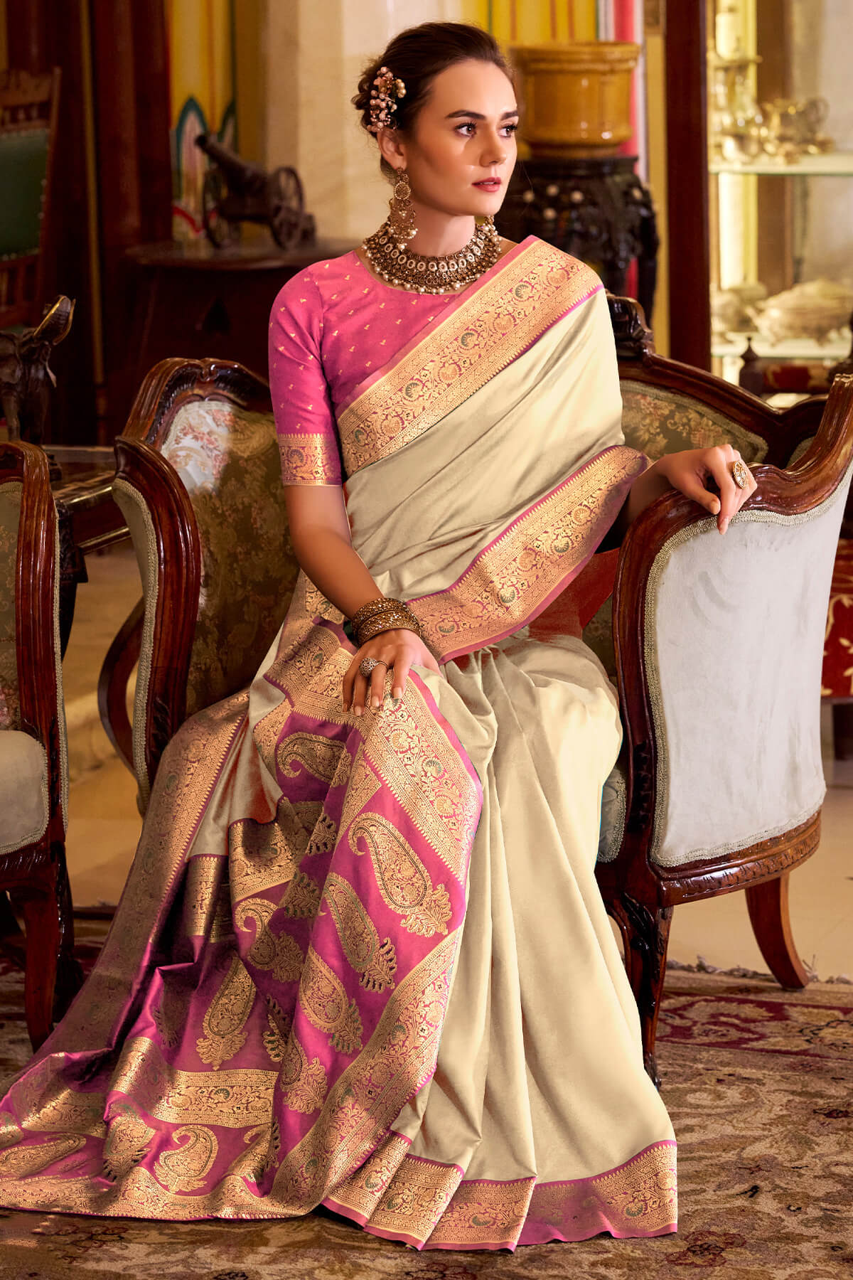 Chatoyant Beige Soft Banarasi Silk Saree With Refreshing Blouse Piece
