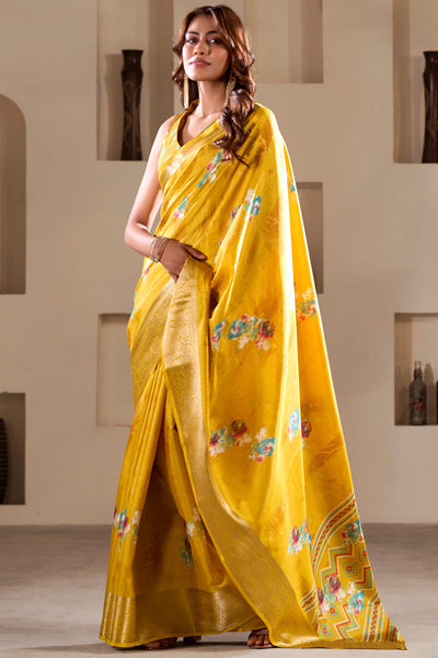 Stunner Yellow Digital Printed Dola Silk Saree With Luxuriant Blouse Piece