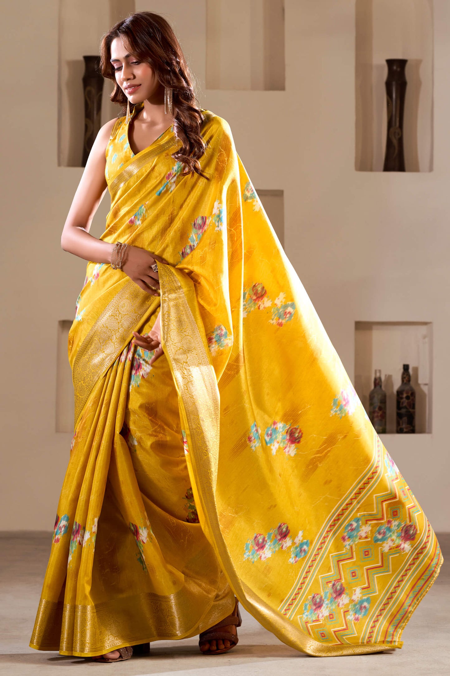 Stunner Yellow Digital Printed Dola Silk Saree With Luxuriant Blouse Piece