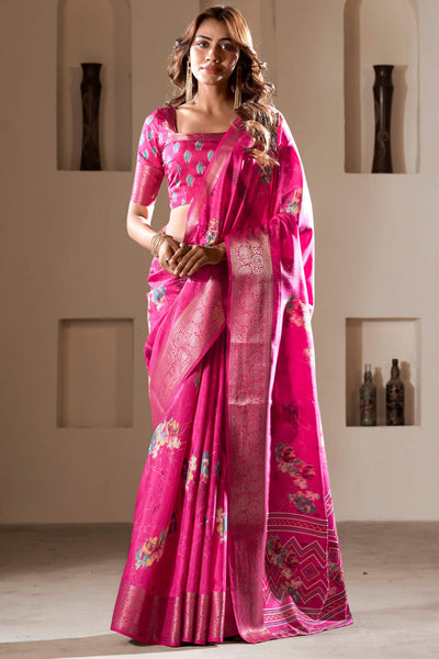 Fragrant Dark Pink Digital Printed Dola Silk Saree With Conflate Blouse Piece