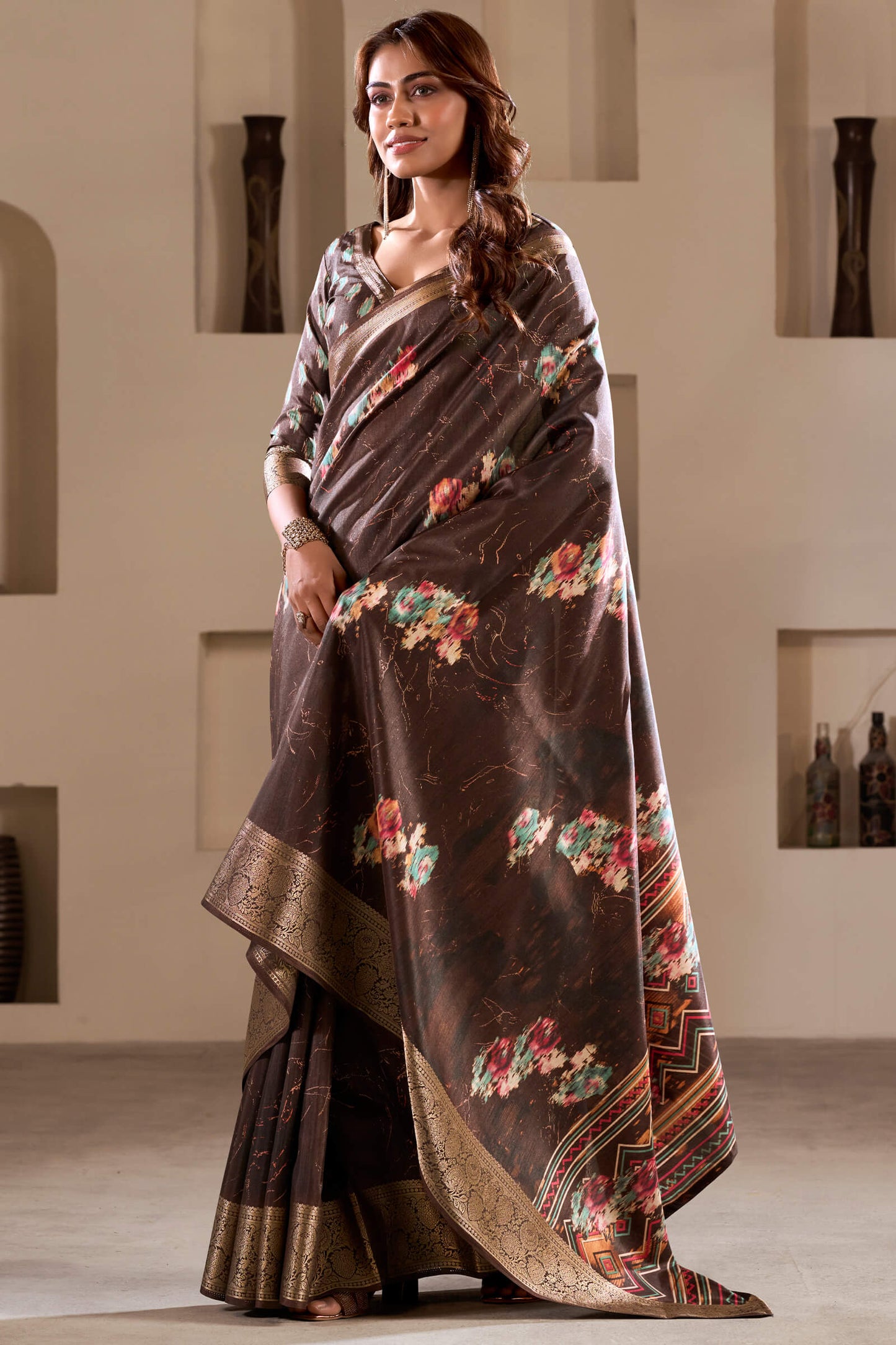 Dalliance Brown Digital Printed Dola Silk Saree With Sonorous Blouse Piece