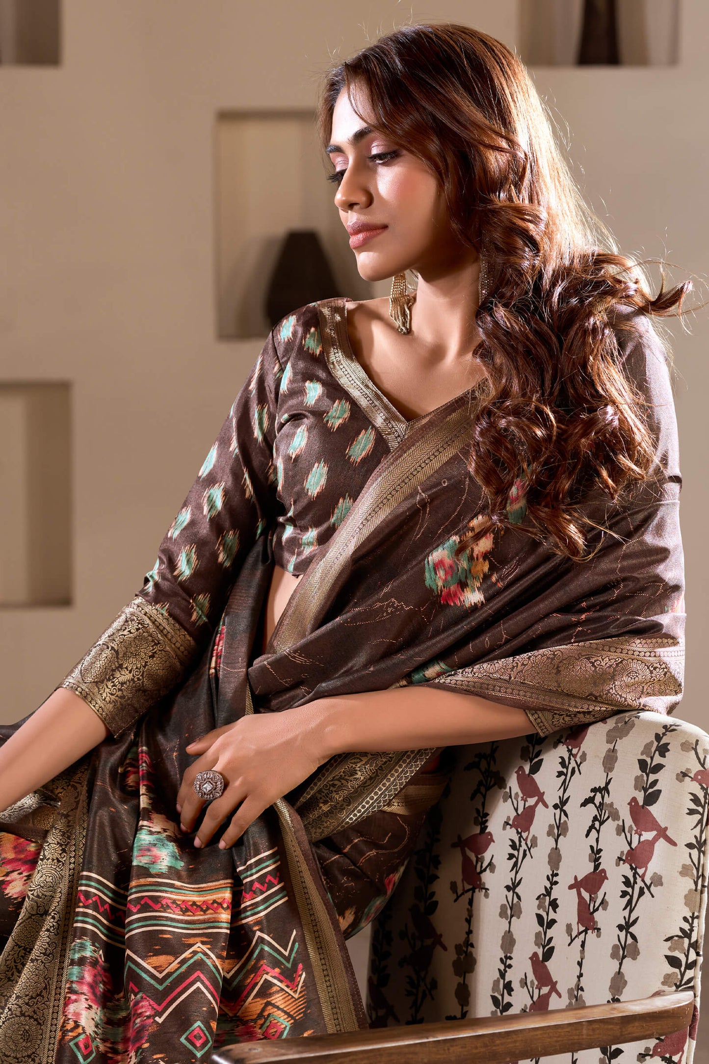 Dalliance Brown Digital Printed Dola Silk Saree With Sonorous Blouse Piece