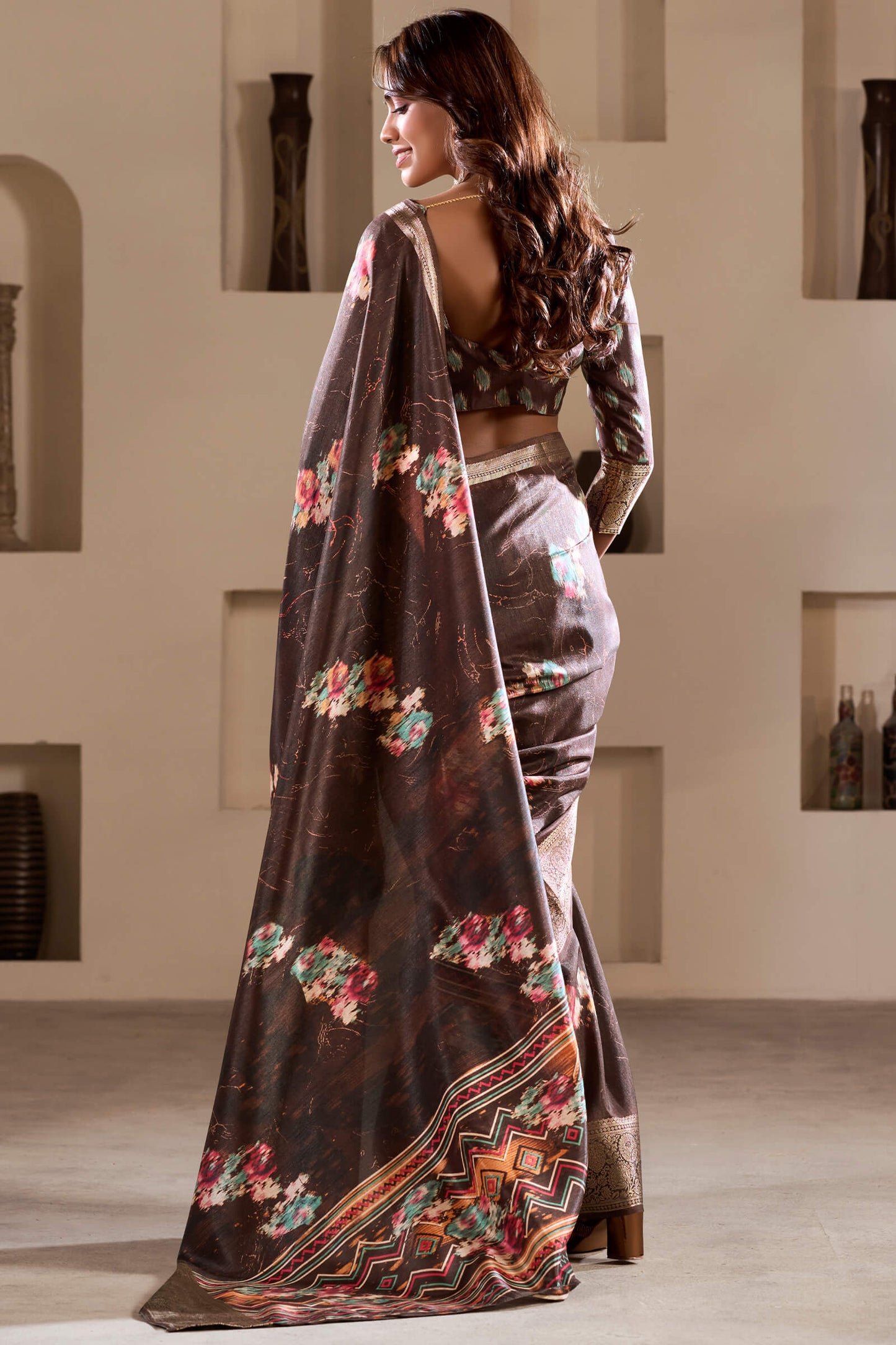 Dalliance Brown Digital Printed Dola Silk Saree With Sonorous Blouse Piece