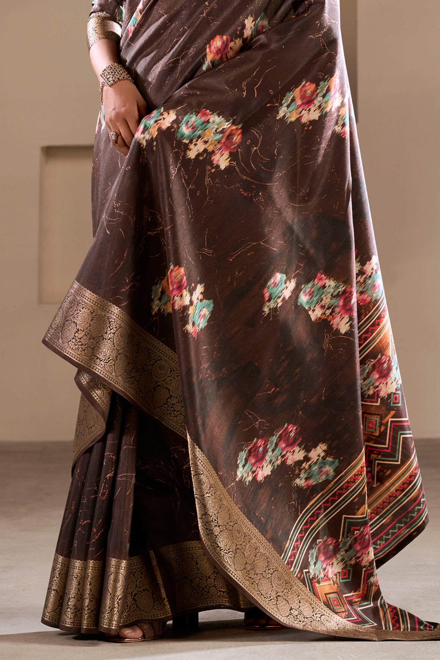 Dalliance Brown Digital Printed Dola Silk Saree With Sonorous Blouse Piece