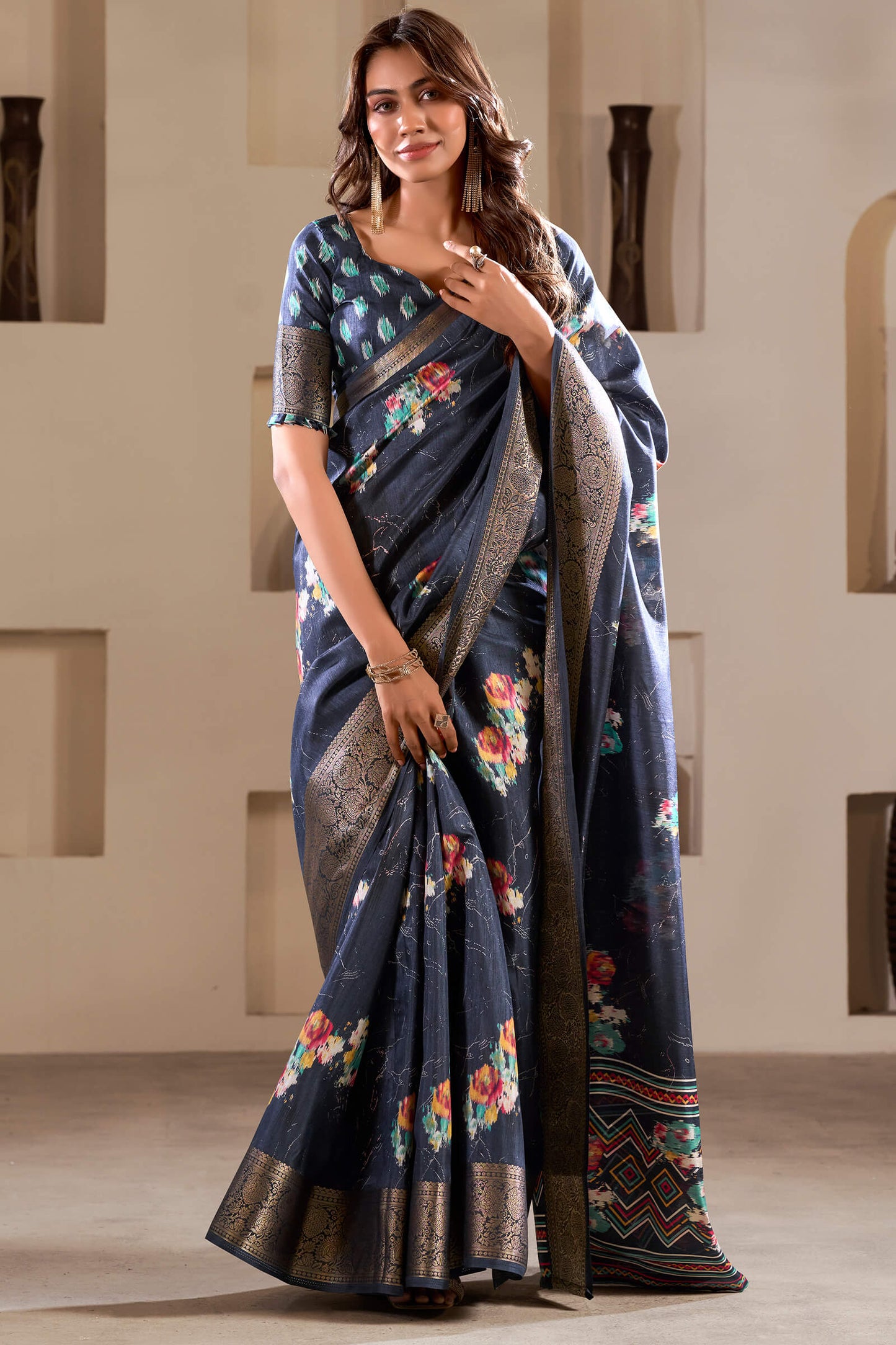 Luxuriant Navy Blue Digital Printed Dola Silk Saree With Desultory Blouse Piece