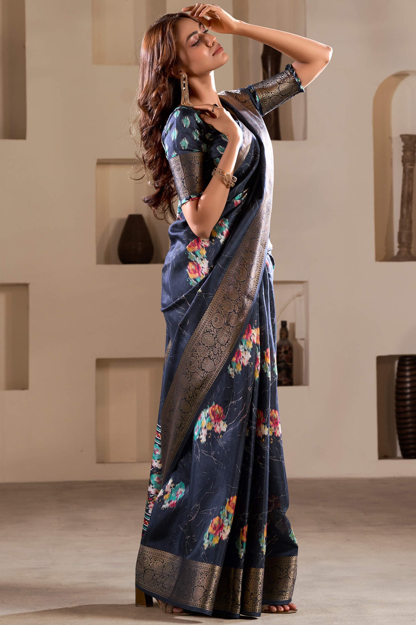 Luxuriant Navy Blue Digital Printed Dola Silk Saree With Desultory Blouse Piece