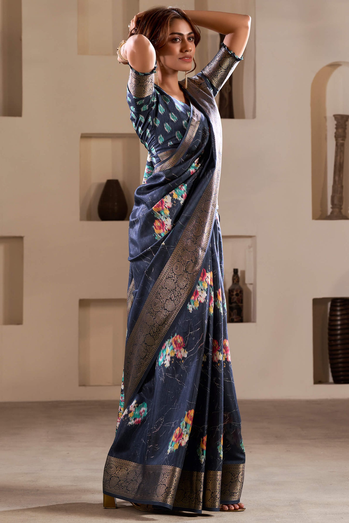 Luxuriant Navy Blue Digital Printed Dola Silk Saree With Desultory Blouse Piece