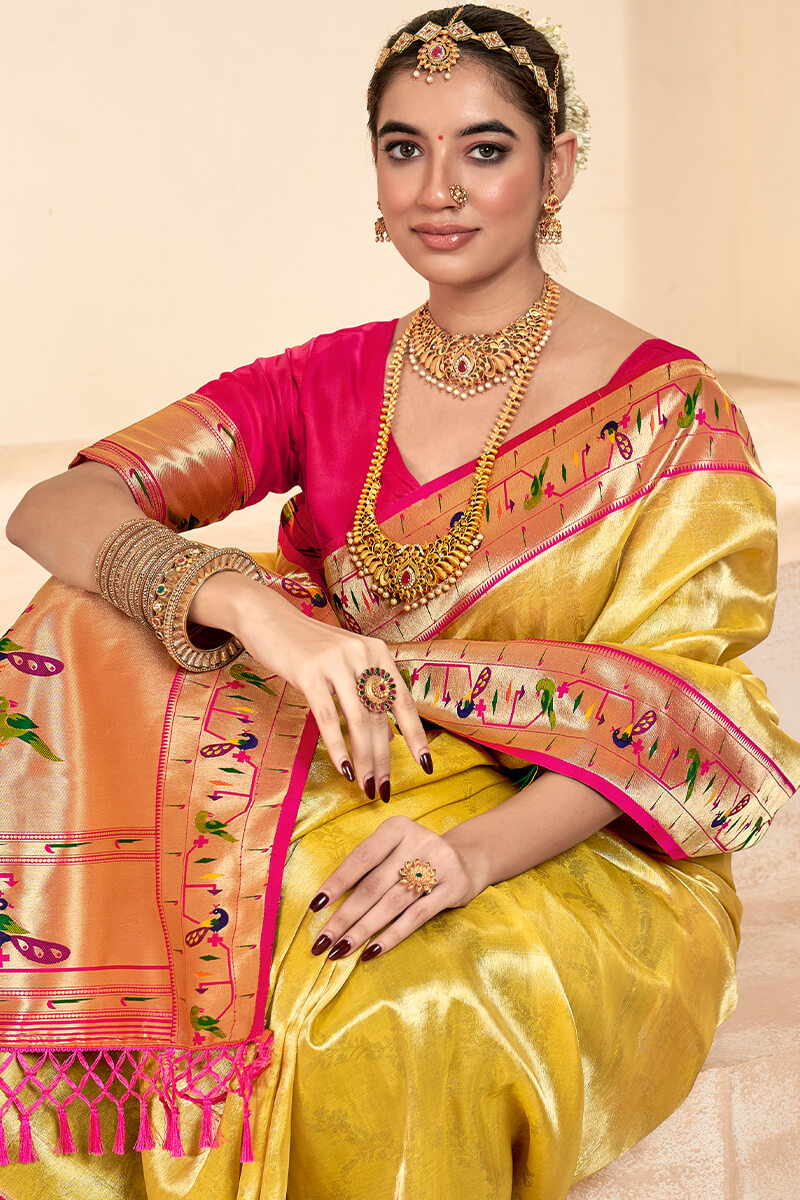 Ephemeral Yellow Paithani Silk Saree With Denouement Blouse Piece