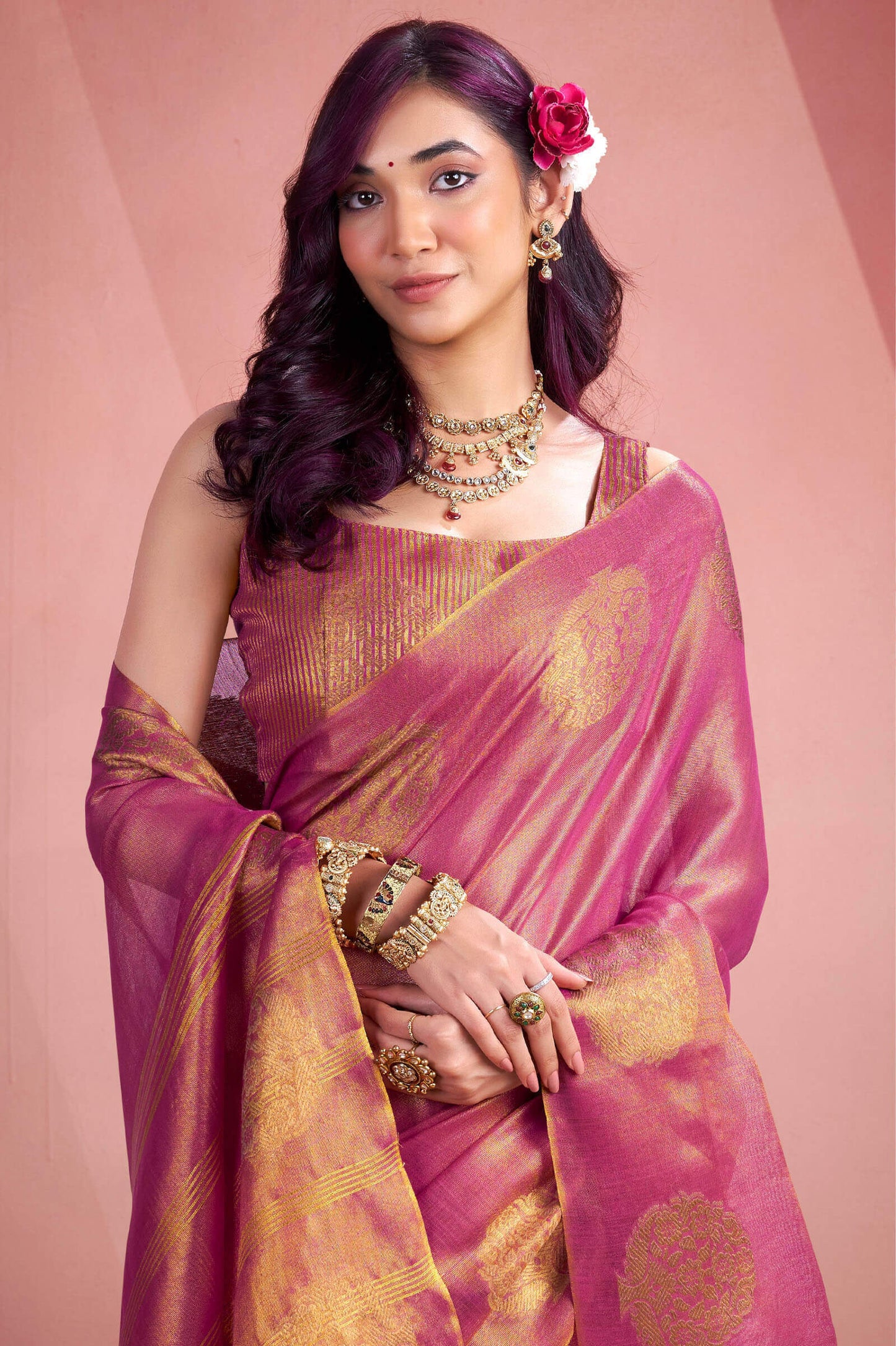 Petrichor Dark Pink Soft Banarasi Tissue Silk Saree With Devastating Blouse Piece