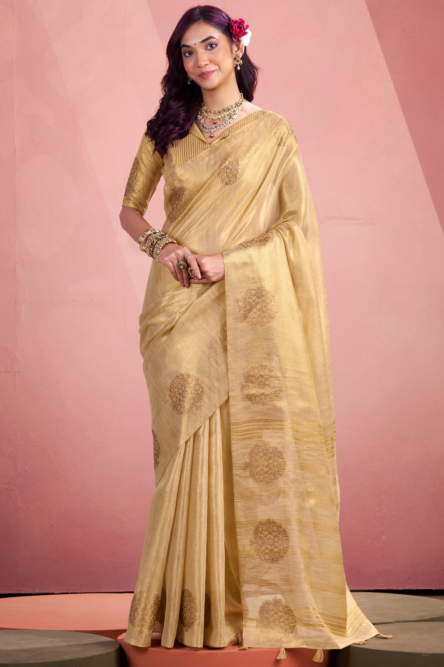 Adoring Beige Soft Banarasi Tissue Silk Saree With Girlish Blouse Piece