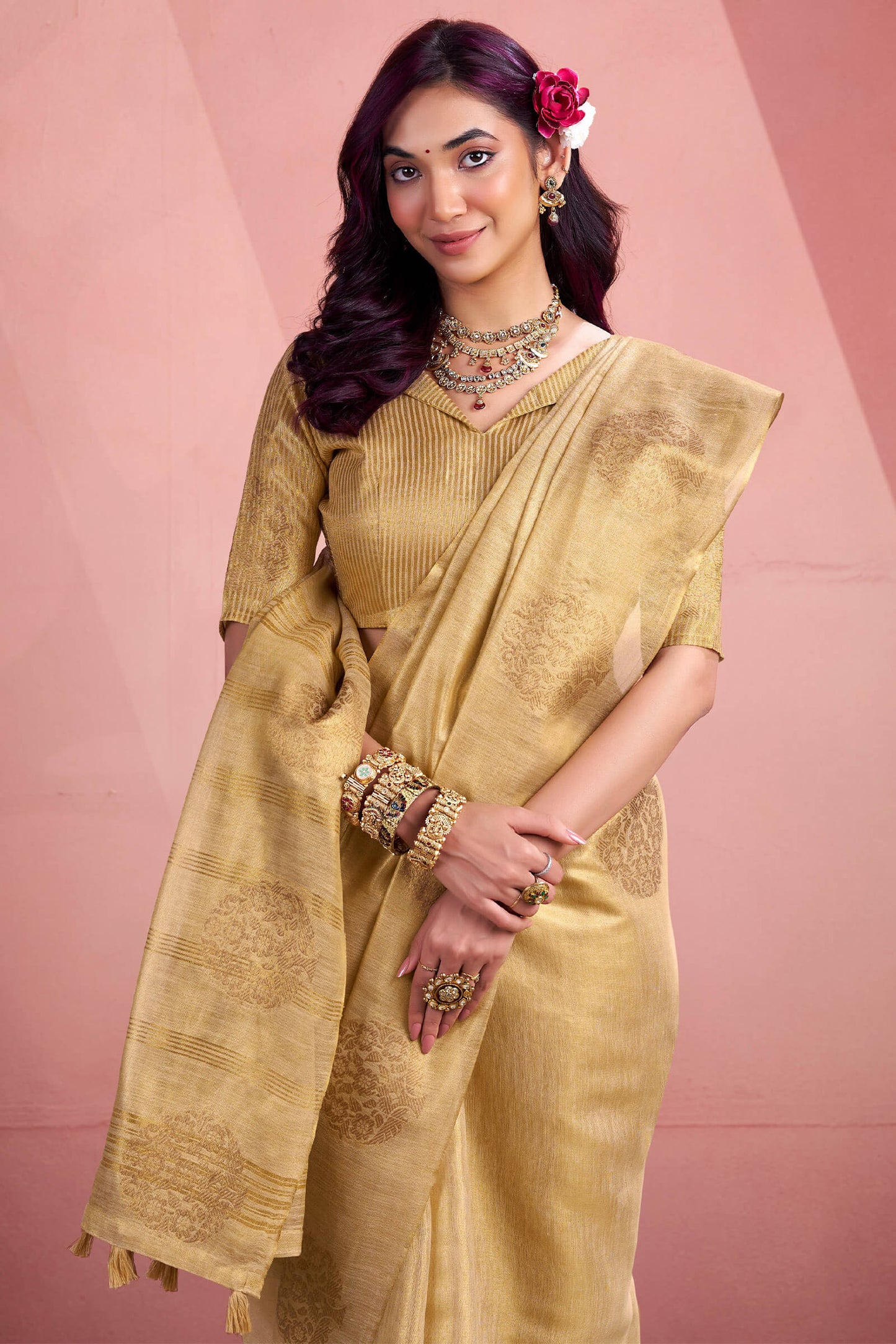 Adoring Beige Soft Banarasi Tissue Silk Saree With Girlish Blouse Piece