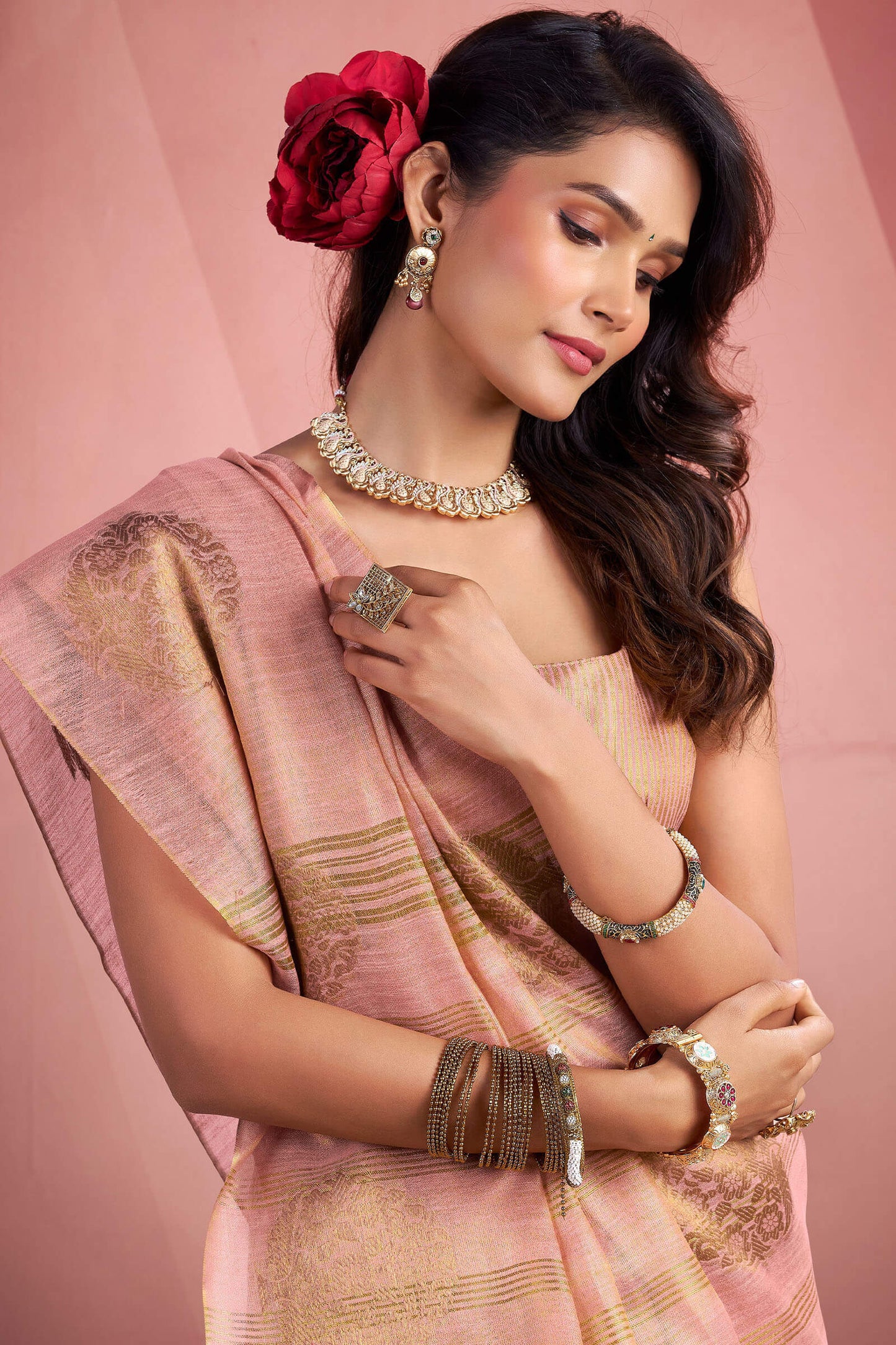 Glowing Pink Soft Banarasi Tissue Silk Saree With Artistic Blouse Piece