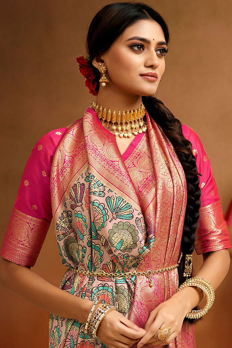 Ratatouille Beige Kalamkari Printed Saree With Rhapsodic Blouse Piece