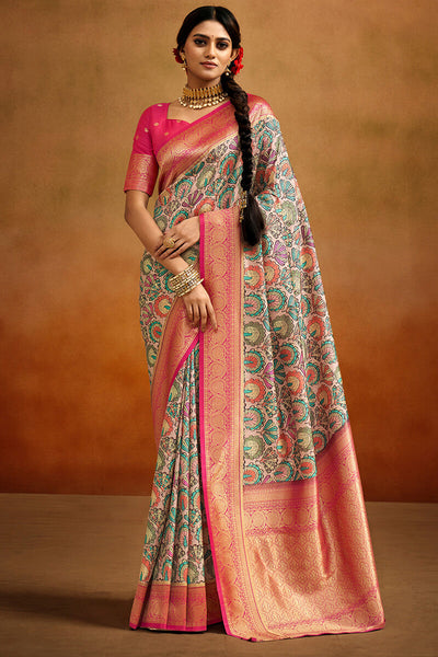 Mesmeric Beige Kalamkari Printed Saree With Vivacious Blouse Piece