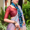 Beauteous Grey Digital Printed Satin Silk Saree With Demesne Blouse Piece