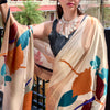Excellent Beige Digital Printed Satin Silk Saree With Effervescent Blouse Piece