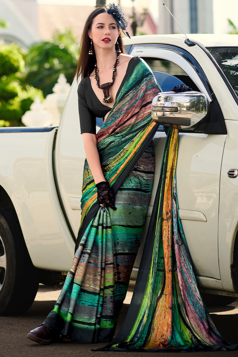 Marvellous Dark Green Digital Printed Satin Silk Saree With Flaunt Blouse Piece