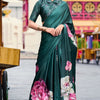 Pleasant Dark Green Digital Printed Satin Silk Saree With Stunner Blouse Piece