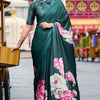 Pleasant Dark Green Digital Printed Satin Silk Saree With Stunner Blouse Piece