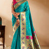 Embrocation Firozi Paithani Silk Saree With Demanding Blouse Piece
