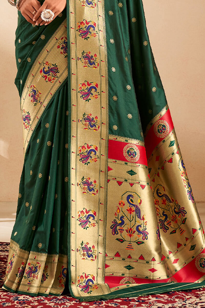 Panache Dark Green Paithani Silk Saree With Vestigial Blouse Piece