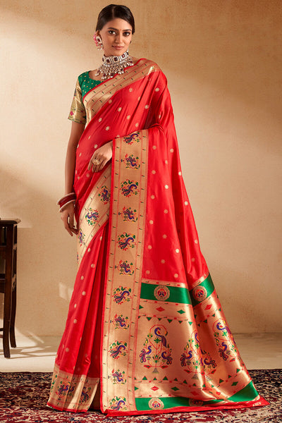 Ephemeral Red Paithani Silk Saree With Preferable Blouse Piece