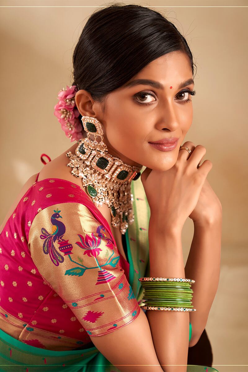 Proficient Sea Green Paithani Silk Saree With Phenomenal Blouse Piece