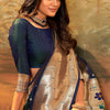 Embrocation Navy Blue Paithani Silk Saree With Fancifull Blouse Piece