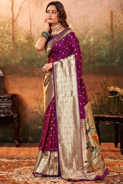 Glowing Purple Paithani Silk Saree With Wonderful Blouse Piece