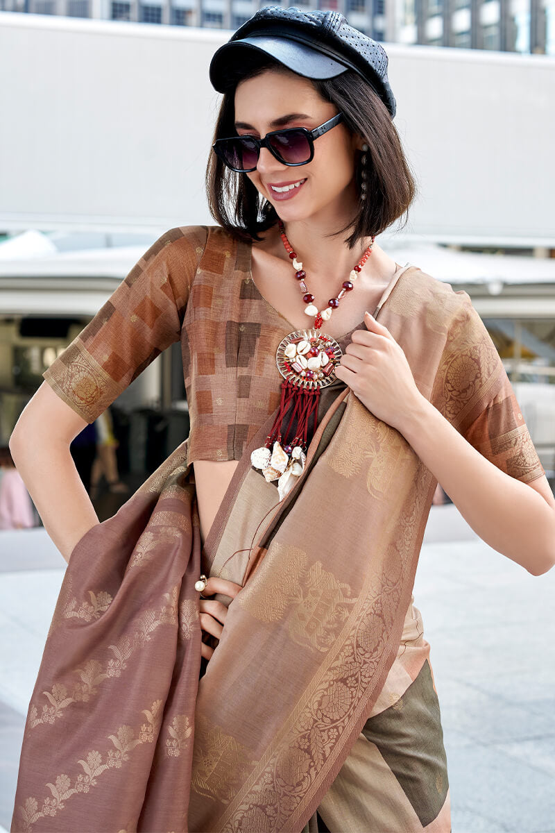 Ravishing Brown Digital Printed Soft Silk Saree With Flamboyant Blouse Piece