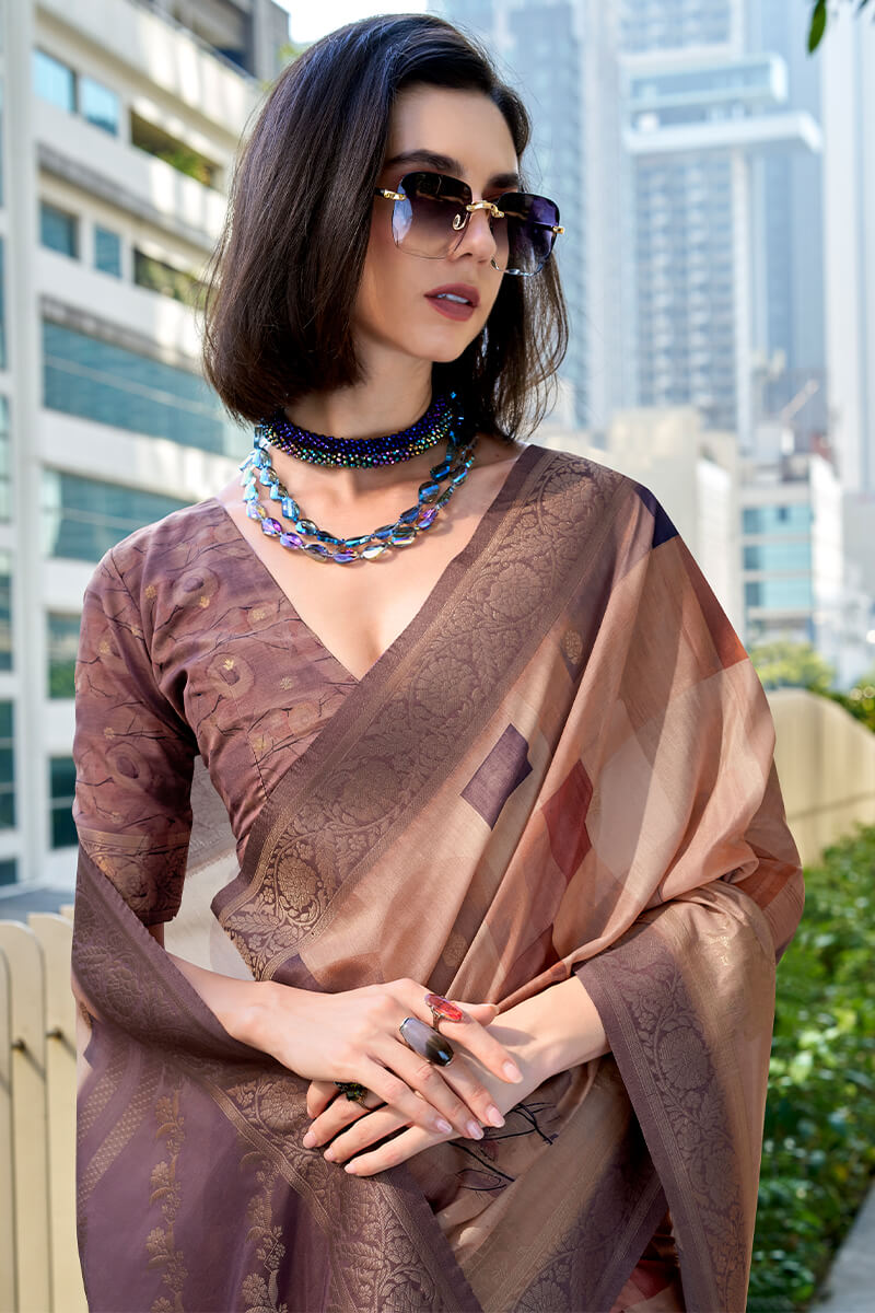 Demure Brown Digital Printed Soft Silk Saree With Forbearance Blouse Piece